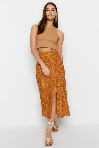 Trendyol Collection Orangefarbener Midirock mit ethnischem Muster und Schlitzdetail, gewebt, TWOAW22ET0447