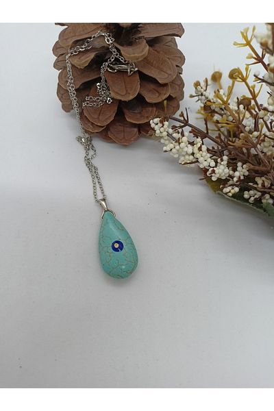BalıkHediyelik Turquoise (firuze) Stone Necklace / Natural Stone Necklace with Evil Eye Beads