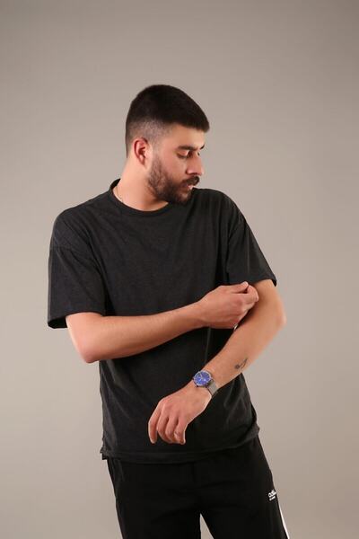 Lion Navy تي شيرت أنثراسايت كبير الحجم للجنسين