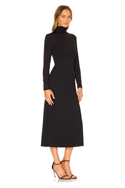 Zagrep Kadın Siyah Yırtmaçlı Balıkçı Yaka Ipek Jarse Midi Elbise