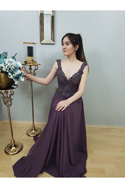 FERGAN Kadın Gül Kurusu Özel Tasarım Taş Işleme Sifon Abiye Elbise