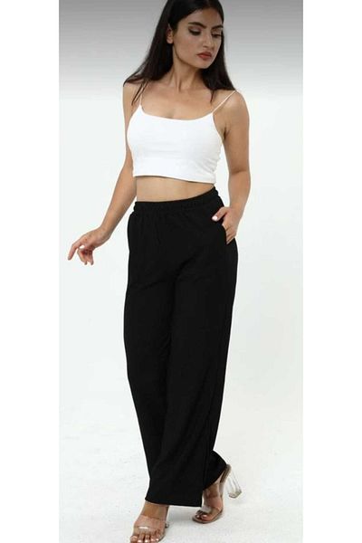 UPARS Black Elastic Waist Palazzo Cut Trousers with Leg Slit Pocket Detail