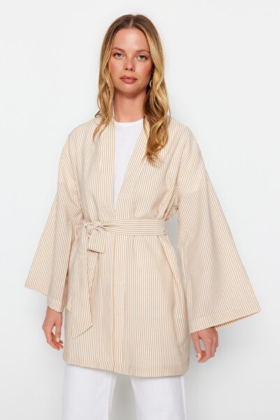 Trendyol Modest Stone Belted Woven Seersucker Striped Kimono & Kaftan TCTSS23KK00001