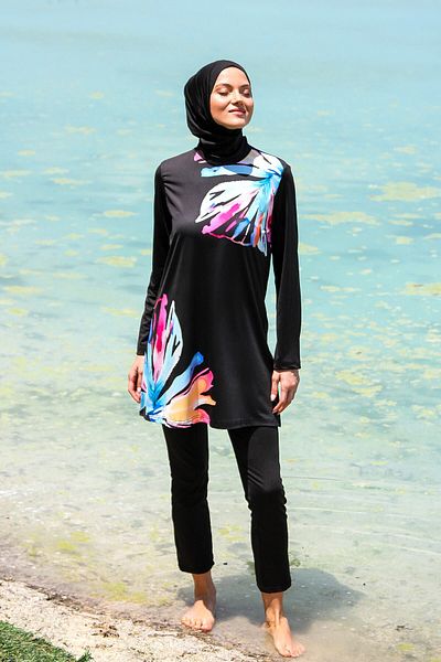 Marina 3-Piece Black Floral Patterned Fully Covered Hijab Swimsuit M2224