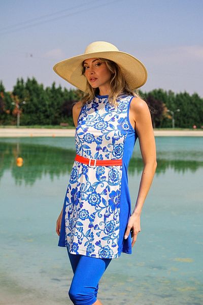Riva Mera Rivamera 2-Piece Navy Blue Flower Patterned Belted Semi-Covered Hijab Dress Swimsuit R2202