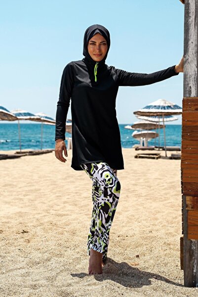 Riva Mera Costum de baie hijab complet acoperit cu model negru Rivamera, 4 piese R1116