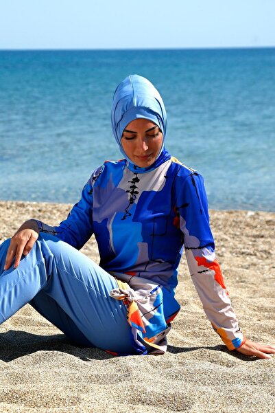Riva Mera Costum de baie Rivamera cu model albastru, 3 piese, cu hijab acoperit complet R1109