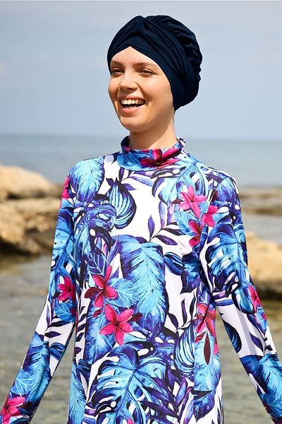 Marina Rope Tied 4-Piece Navy Blue Leaf Patterned Fully Covered Hijab Swimsuit 1965