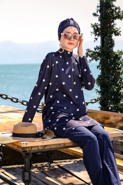 Marina Μαγιό 4 τεμαχίων Navy Blue Dot μοτίβο με πλήρη καλυμμένη χιτζάμπ 1964