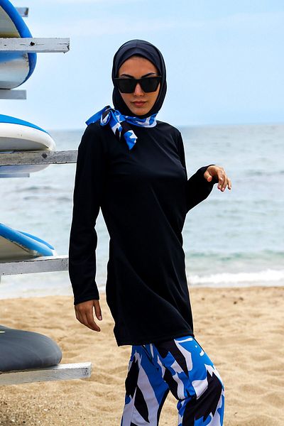 Riva Mera Rivamera 4-Piece Black Blue Patterned Fully Covered Hijab Swimsuit R1111