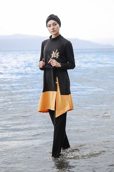 Marina 4-Piece Black Color Detailed Fully Covered Hijab Swimsuit M2016