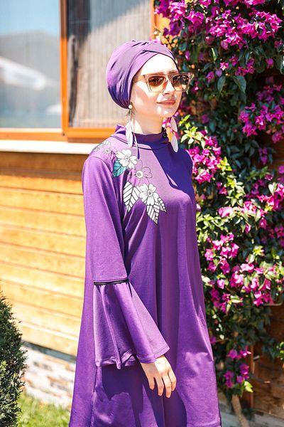 Marina 4-Piece Purple Flower Detailed Full Covered Hijab Swimsuit M2008