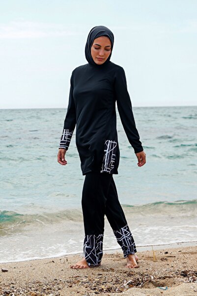 Riva Mera Rivamera 4-Piece Black and White Patterned Fully Covered Hijab Swimsuit R1114