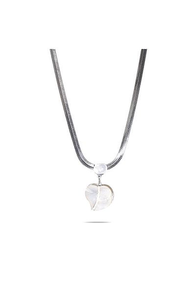 Tesbihane Silver Color Non-Tarnish Metal Snake Chain Heart Design Mother of Pearl Natural Stone Combination Women's Necklace
