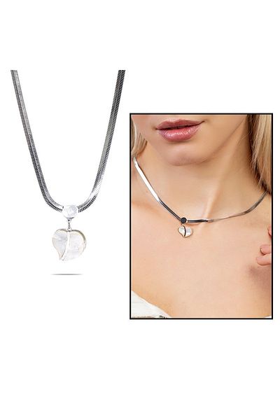 Tesbihane Silver Color Non-Tarnish Metal Snake Chain Heart Design Mother of Pearl Natural Stone Combination Women's Necklace