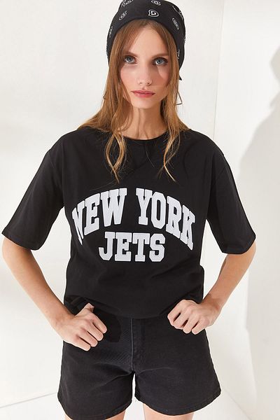 Olalook Tricou negru din bumbac cu aplicații New York TSH-19000714
