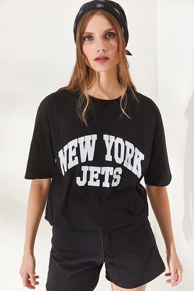 Olalook Tricou negru din bumbac cu aplicații New York TSH-19000714