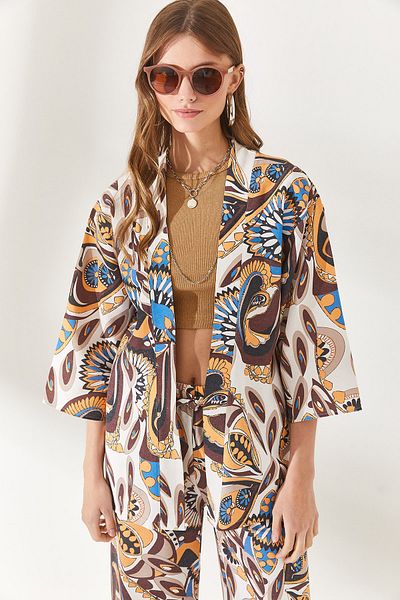 Olalook Dámská šála hnědé vzorované plátěné kimono KMN-00000059