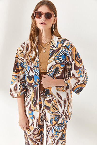 Olalook Women's Shawl Brown Patterned Linen Kimono KMN-00000059