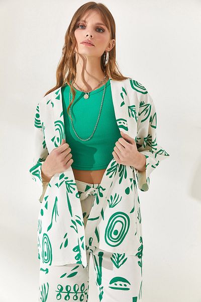 Olalook Gemusterter grüner Leinenkimono für Damen KMN-00000059