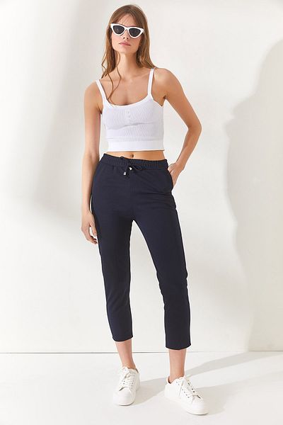 Olalook Pantaloni de damă, albastru bleumarin, cu buzunare în talie elastică, morcovi PNT-19000203
