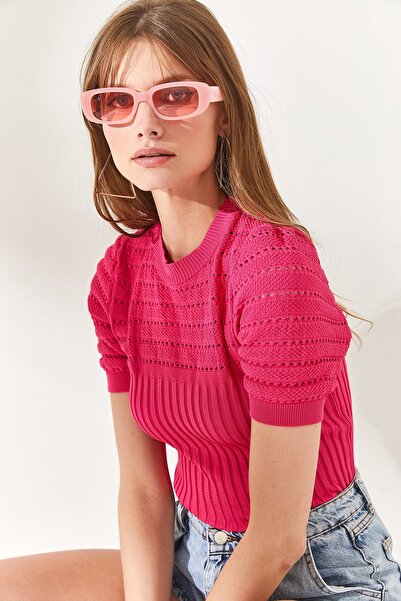 Olalook Γυναικεία φούξια μπλούζα πλεκτά με ραβδώσεις BLZ-19002270