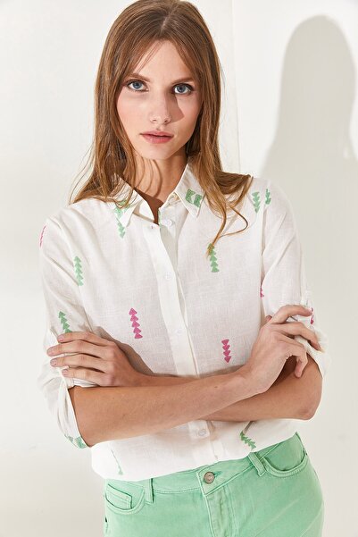 Olalook Női nyíl zöld rózsaszín ujjú hajtogatott vászon ing GML-19000825