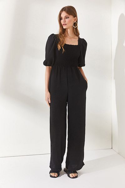Olalook Woman's Black Top Guiped Hidden Pocket Ayrobin Jumpsuit TLM-19000143