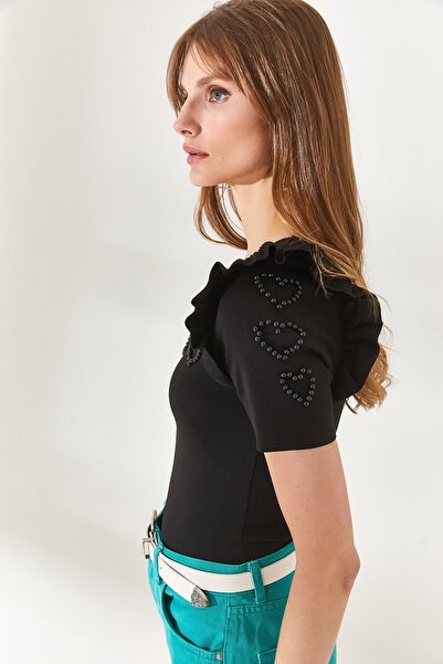 Olalook Γυναικεία μπλούζα Crop με μαύρο μανίκι με βολάν καρδιά με χάντρες BLZ-19002269