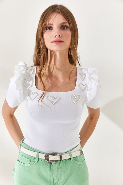 Olalook Dámská pletená halenka s volánkovým srdcem s bílým rukávem BLZ-19002269