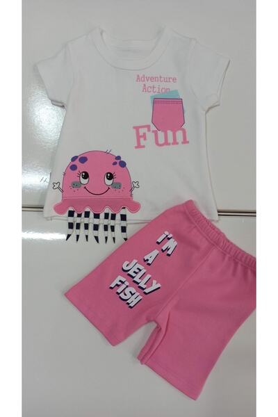 Million Octopus Detailed Combed Cotton Girls 2-Piece Shorts Set