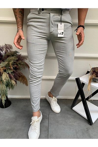Ser Joven Men's Light Gray Slim Fit Double Button Fabric Trousers