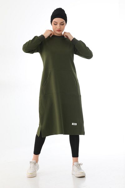 Elif Okur Hijab Pocket Long Tunic 110cm Khaki 1403