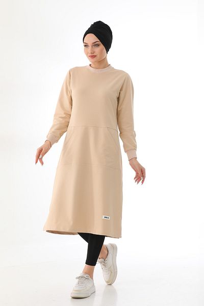 Elif Okur Long Tunic with Hijab Pockets 110cm Beige 1404