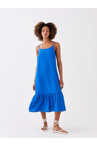 LC Waikiki Lcw Rochie de damă din popelin cu bretele drepte casual cu gât în U Ofstr