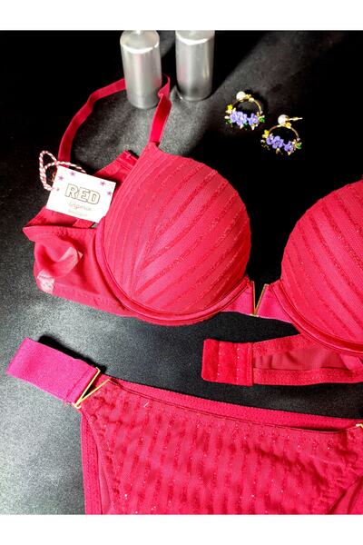 red iç giyim Soft Cherry Bra and Panty Set with Glittering V Detail