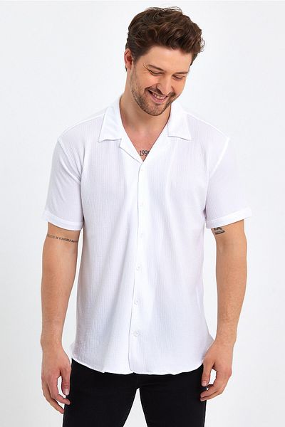 CLIPMAN Men's Slim Fit Self-Patterned Linen Open Collar Short Sleeve Shirt White34
