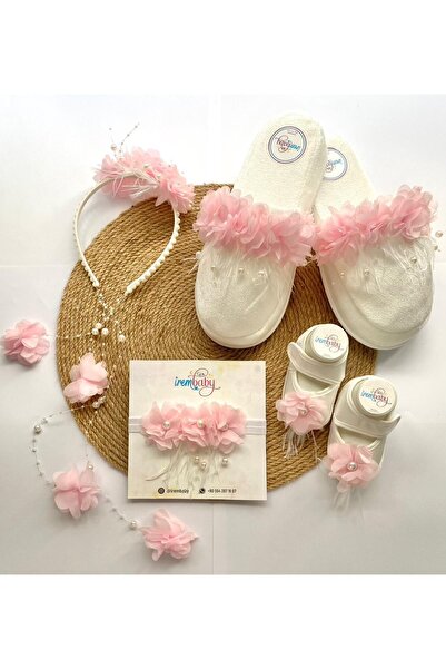 irembaby Anne Bebek Lohusa Seti Pembe Çiçekli Incili Lohusa Tacı Terliği Bebek Ayakkabı Saç Bandı Takımı