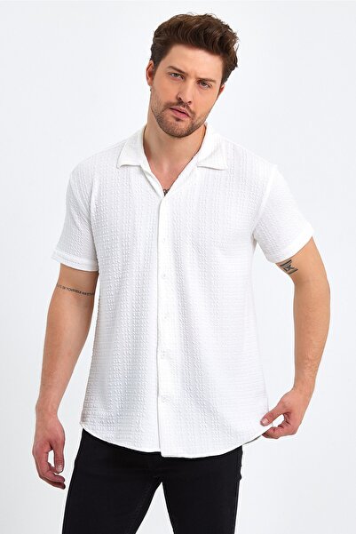 CLIPMAN Ανδρικό κοντομάνικο πουκάμισο με λινό γιακά με λεπτή εφαρμογή Λευκό 34