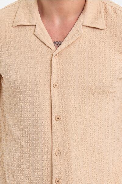 CLIPMAN Ανδρικό κοντομάνικο πουκάμισο με λινό γιακά με λεπτή εφαρμογή σε μπεζ χρώμα