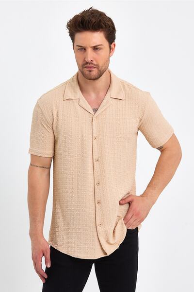 CLIPMAN Ανδρικό κοντομάνικο πουκάμισο με λινό γιακά με λεπτή εφαρμογή σε μπεζ χρώμα