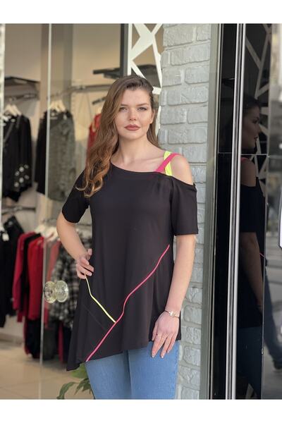 citycenterfashion Women's Plus Size Blouse Neon Piping Lapel Shoulder Low-cut Asymmetrical Tunic Cty-xyn-7122