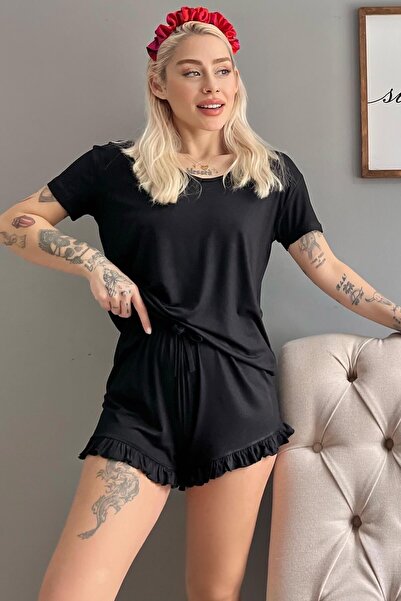 Pijamaevi Μαύρο μονόχρωμο πλεκτό κοντομάνικο σορτς πιτζάμα