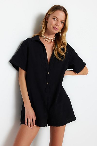 Trendyol Collection Černý Wide Fit Woven Mušelín 100% bavlna overal TBESS23TU00001