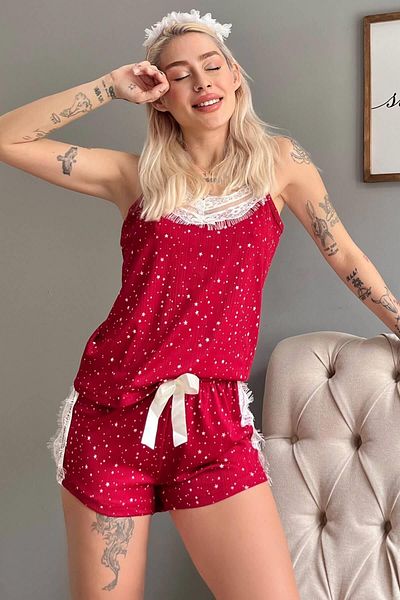 Pijamaevi Knitted Pajama Set with Red Star Lace Detailed Rope Strap Shorts