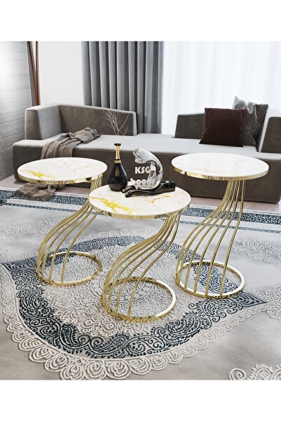 KASGER Kuğu Zigon Sehpa Mermer Desenli Cam