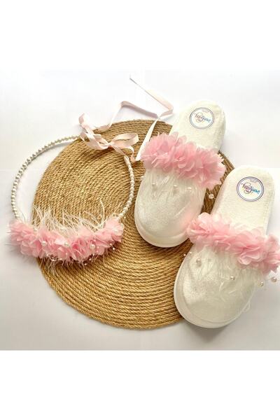 irembaby Anne Lohusa Seti Pembe Çiçekli Incili Lohusa Tacı Terliği