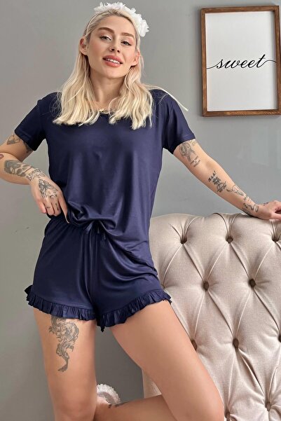 Pijamaevi Set de pijamale cu mânecă scurtă tricotată, neimprimată, albastru b...