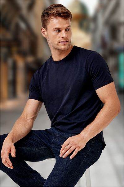 BESSA Ανδρικό άνετο βαμβακερό μπλουζάκι Navy Blue Crew Neck
