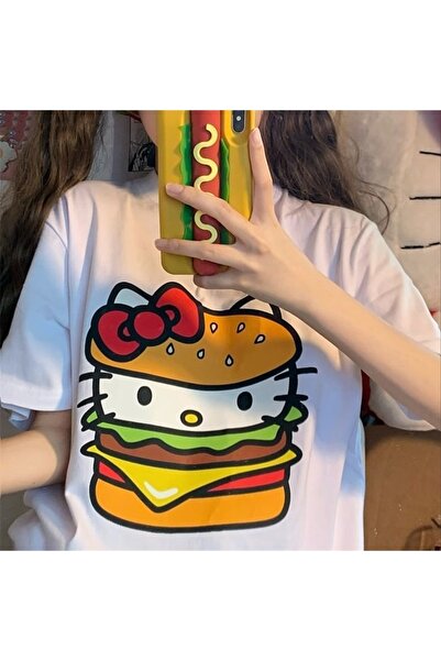MECH BUTİK Hellokitty Hamburger Baskılı Siyah/beyaz Tshirt Tişört